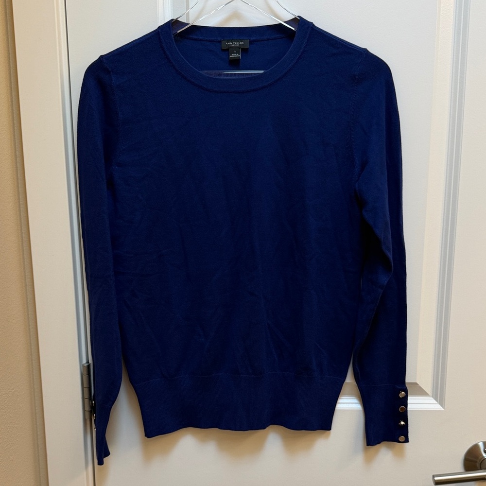 Ann Taylor Factory Deep Blue Crewneck Sweater with Gold Buttons Size Small